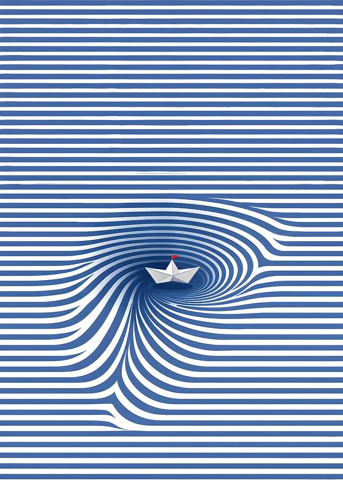 Paper Boat Whirlpool Optical Illusion Navy Blue Striped Ocean Surreal Art