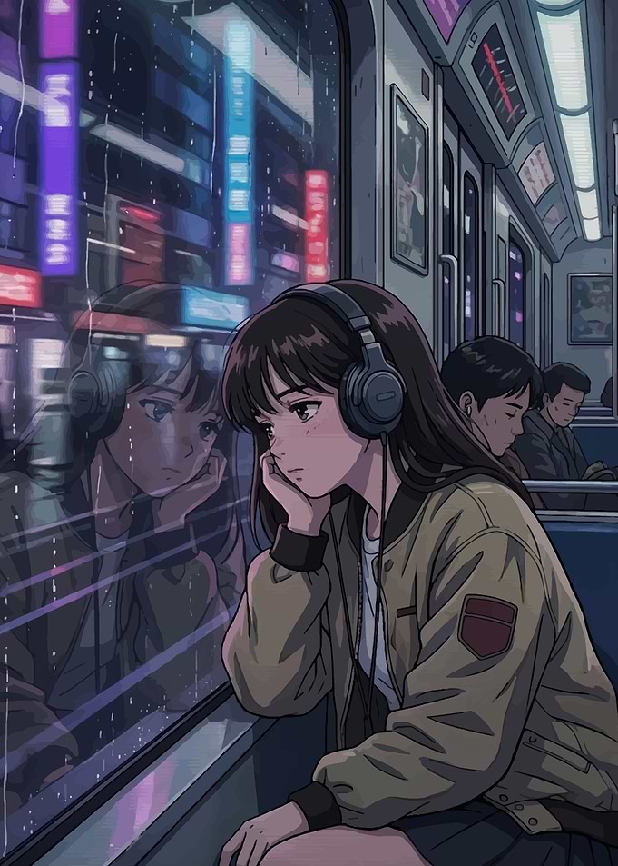 Girl on train at night