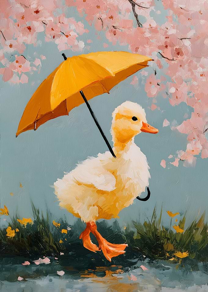 Duckling with Umbrella Under Cherry Blossoms