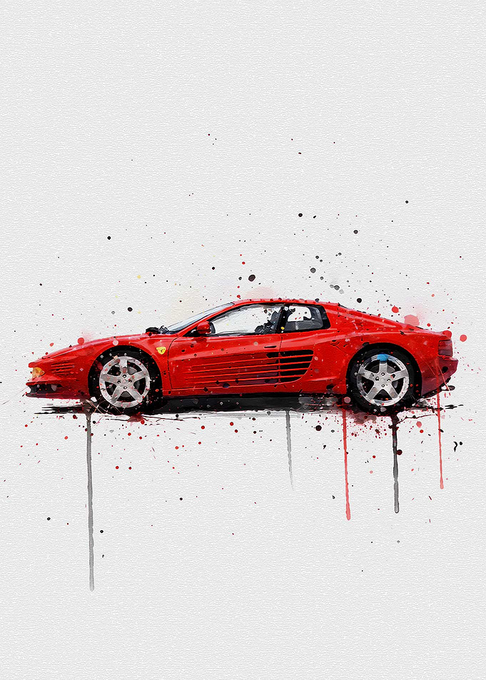 Red Ferrari Testarossa Watercolor Splash Art