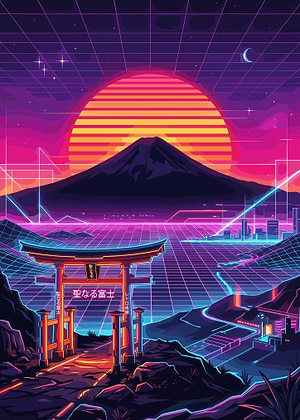 Retro Japanese Landscape with Torii Gate