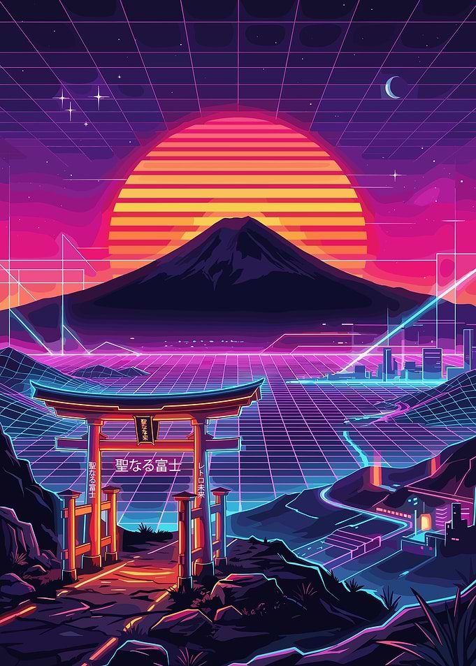 Retro Japanese Landscape with Torii Gate