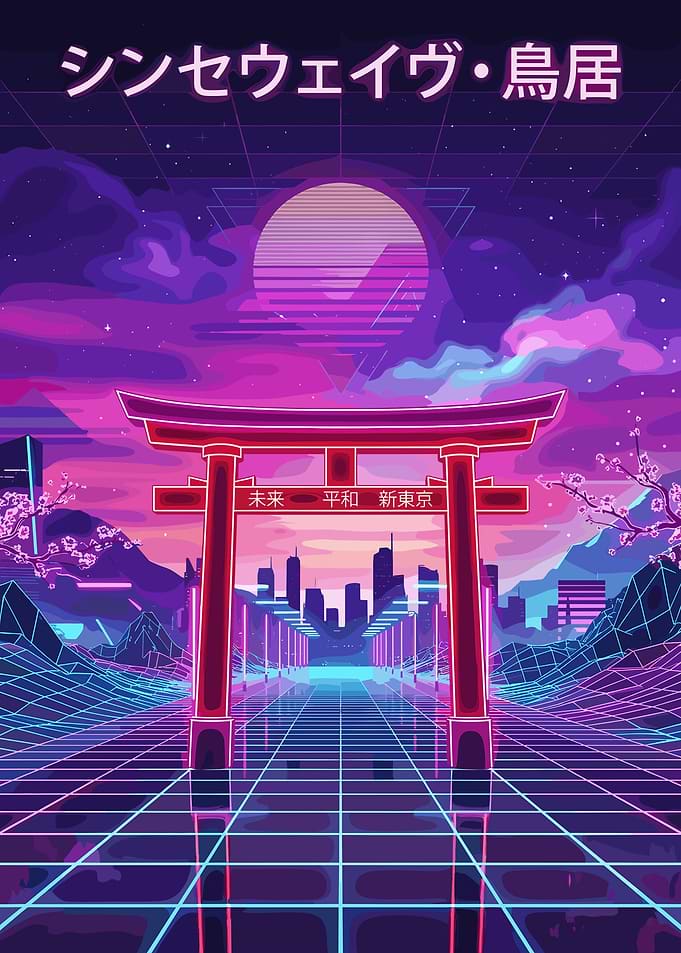 Retro Japanese Cityscape with Torii Gate