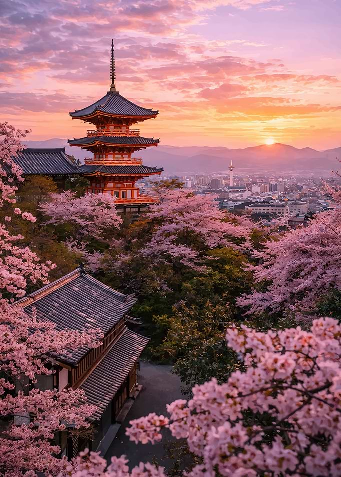 Kyoto Pagoda at Sunrise with Cherry Blossoms