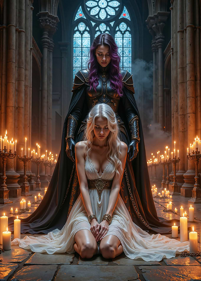 Mysterious Ritual in a Candlelit Cathedral with two Women