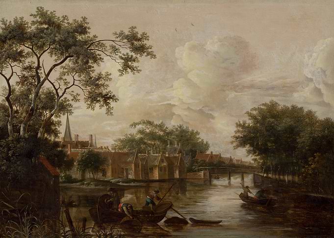 Canal Scene with Boats and Town