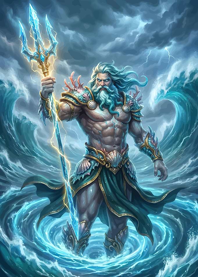 Poseidon with Trident in Stormy Seas