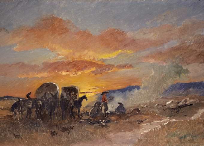 Sunset Campfire with Wagons and Horses