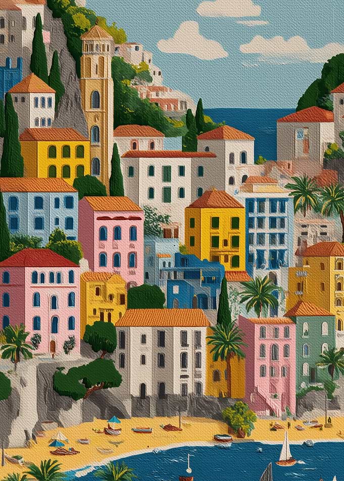 Colorful Coastal Town with Beach
