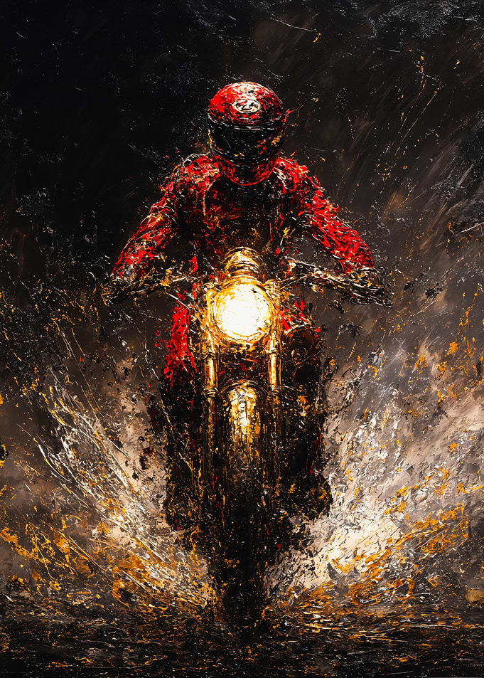 Red Motorcyclist Textured Oil Painting