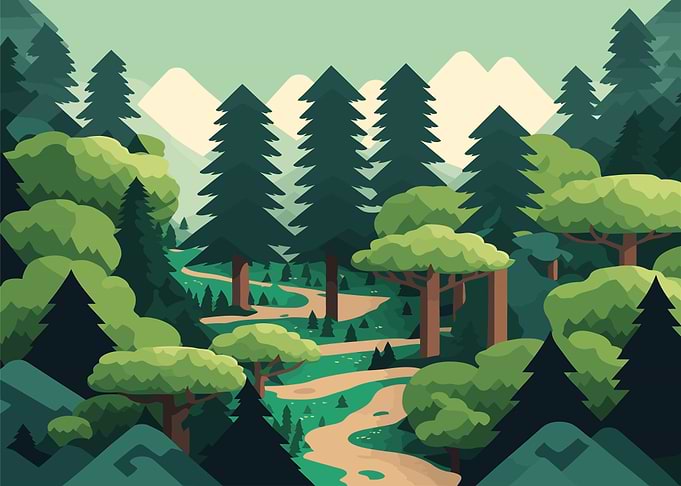 Forest Path with Mountains