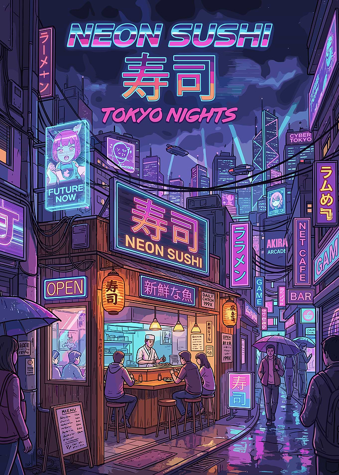 Cyberpunk Tokyo Neon Sushi Street