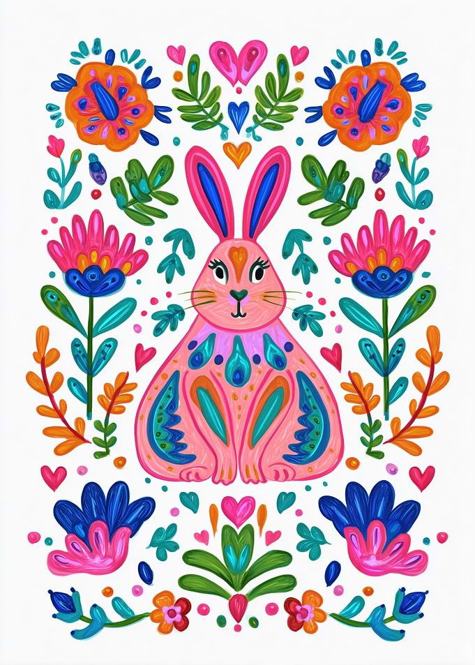 Folk Art Pink Rabbit with Flowers