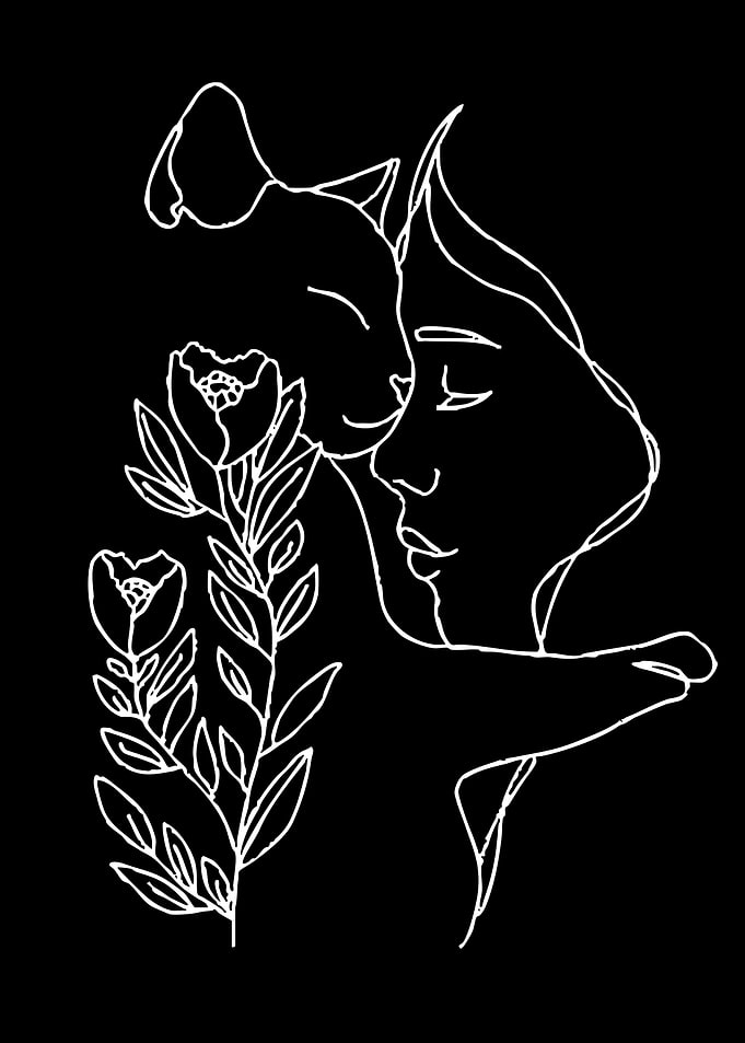 Woman and Cat Embrace with Flowers