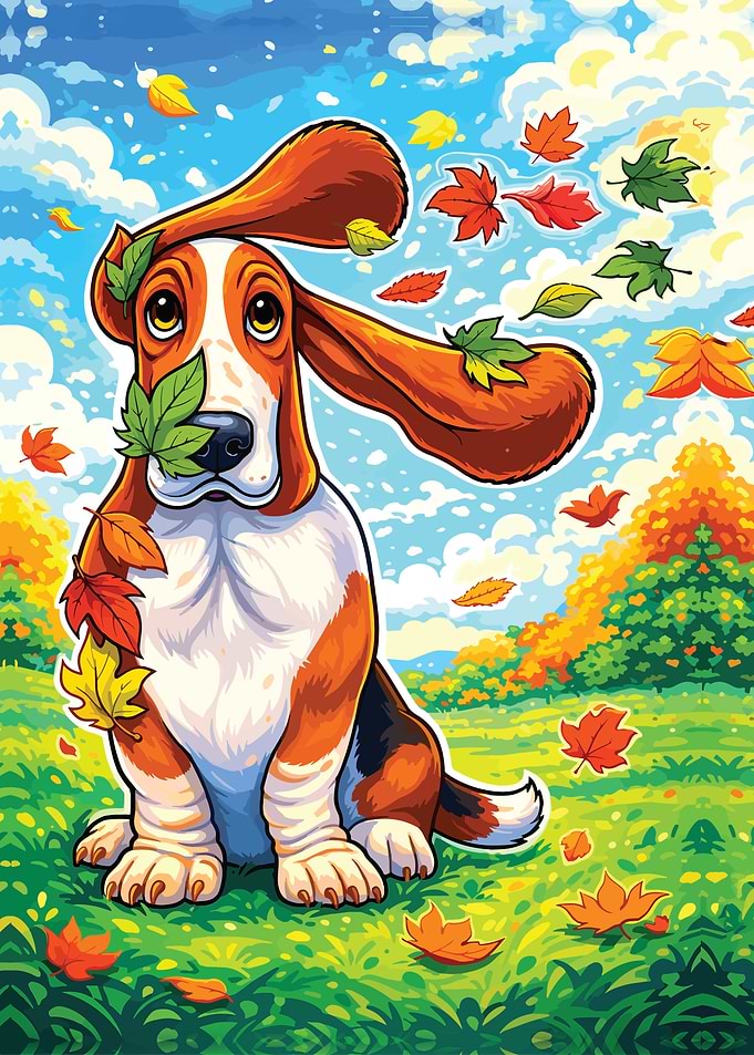 Basset Hound in Autumn Leaves