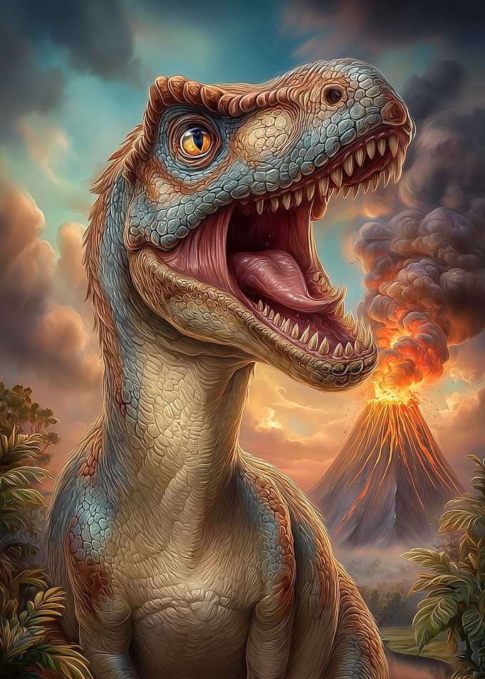 Dinosaur Roaring Near Volcano