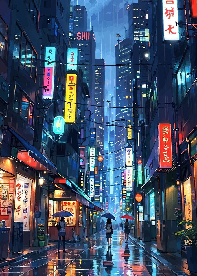 Rainy Night in a Neon City