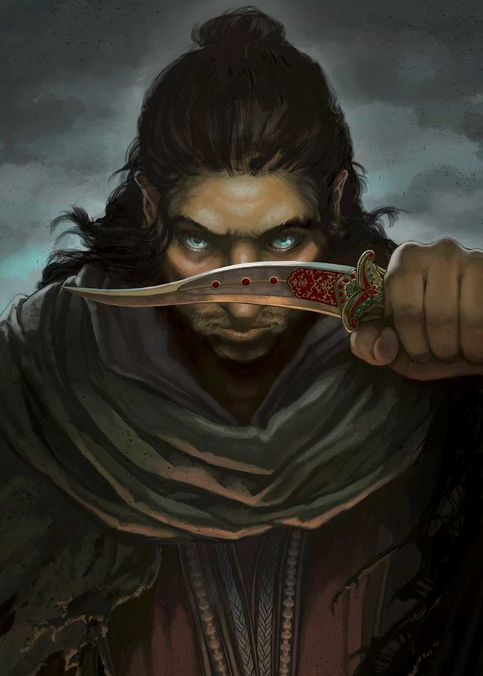 'Oathbound' Desert Prince holding a Jeweled Royal Dagger in a Stormy Sunset