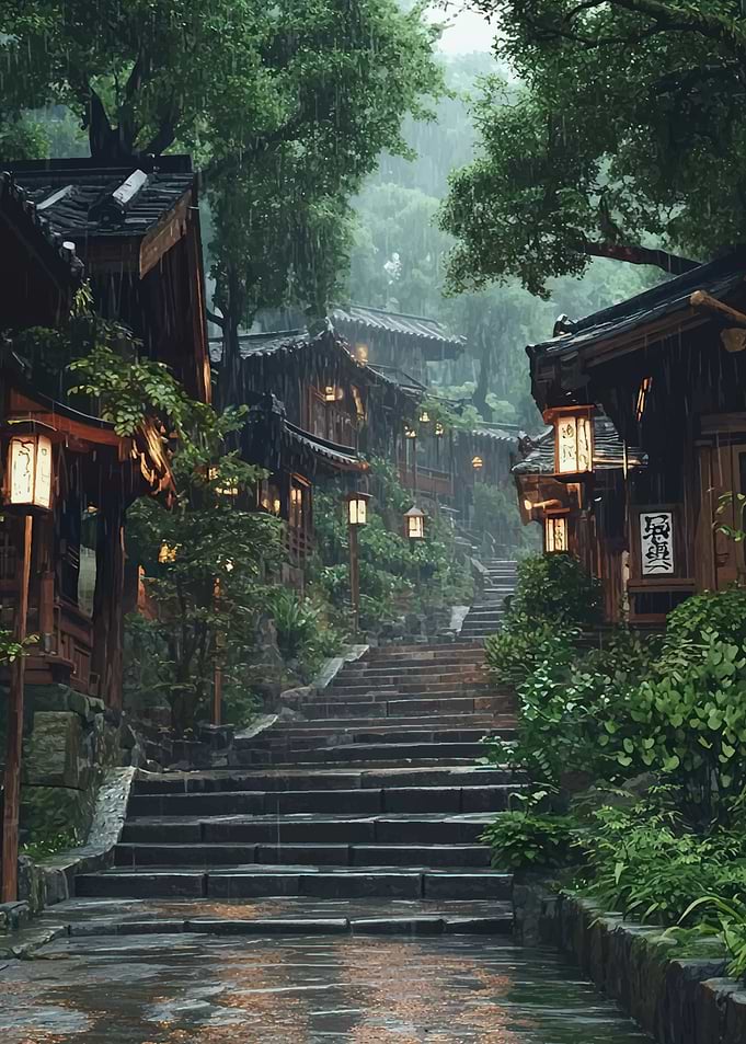 Rainy Street in Traditional Asian Village