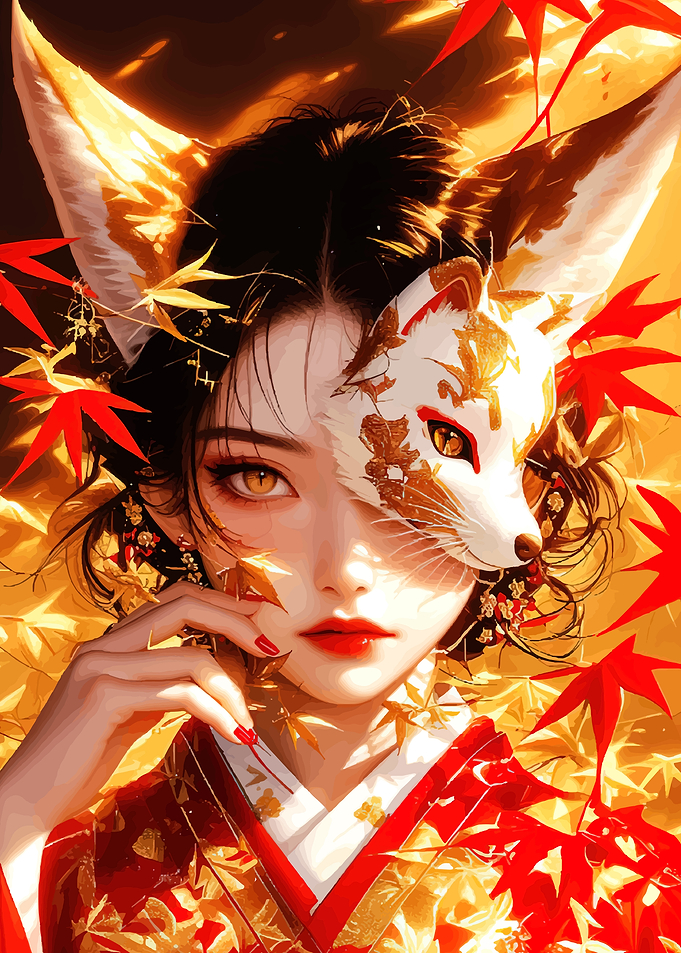 Kitsune Masked Woman with Autumn Leaves