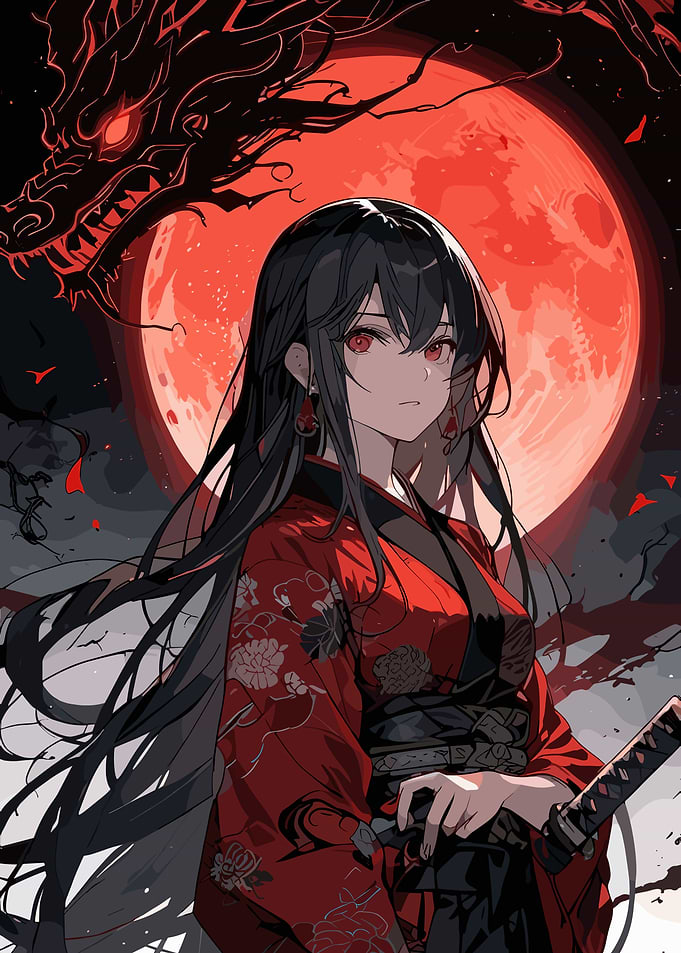 Anime Girl with Katana and Dragon