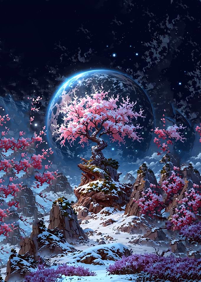 Enchanted Cherry Blossom Planet Landscape