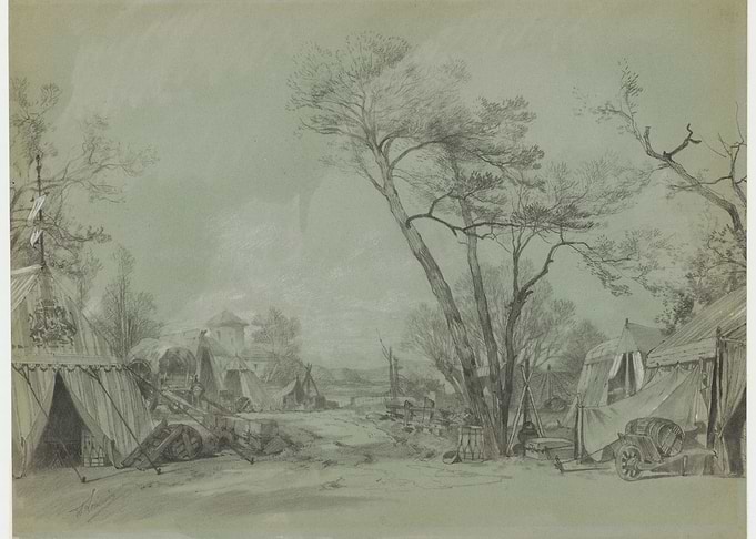Military Camp Scene with Tents and Cannon