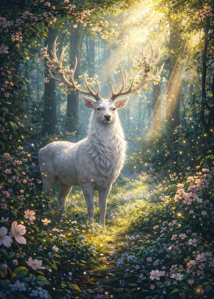 Enchanted White Stag in a Sunlit Forest