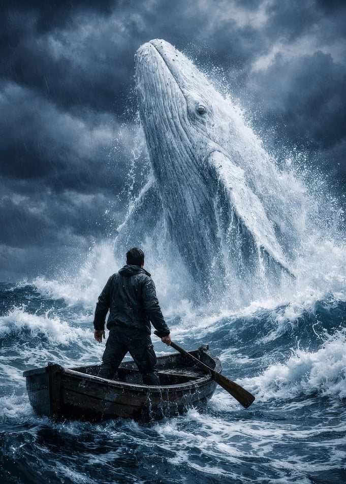 Man in a boat facing a breaching whale