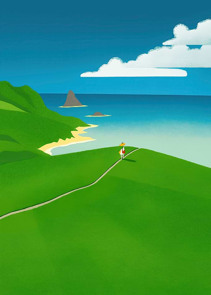 Person walking on a grassy hill by the sea