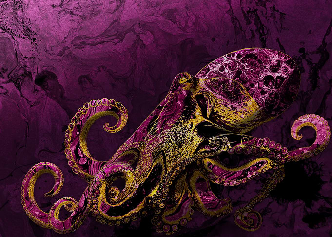 Abstract Octopus with Purple and Gold Marbling