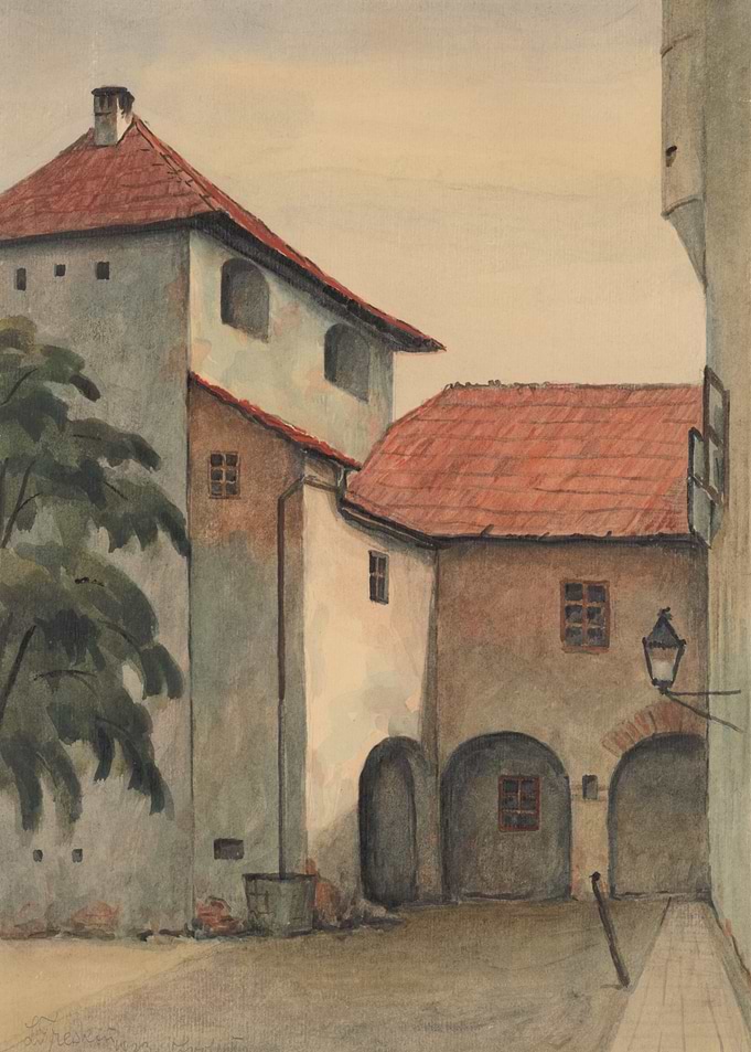Watercolor painting of an old European courtyard