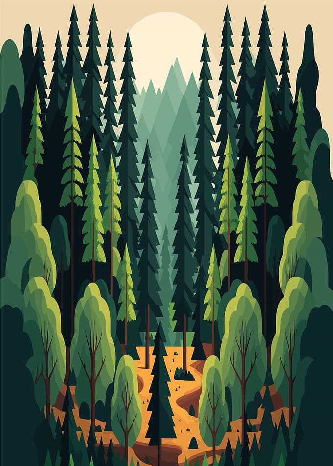 Stylized Forest Landscape with Sun and Mountains