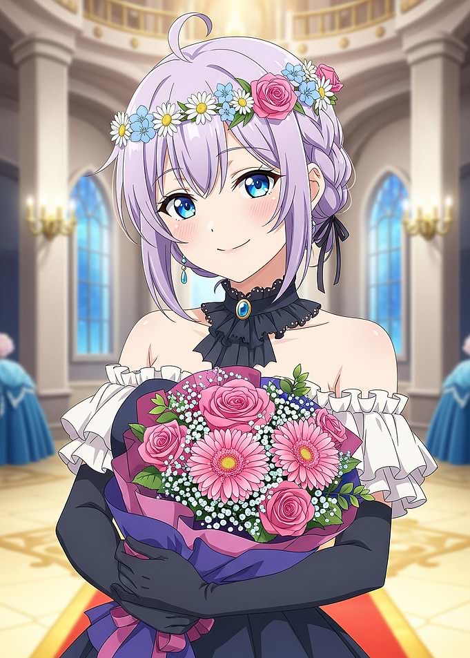Anime Girl with Flower Crown and Bouquet