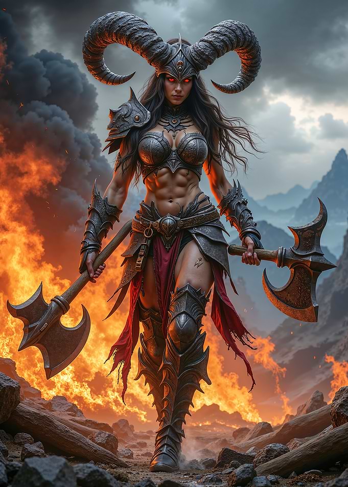 Dark Fantasy Warrior Woman with Axes and Horns