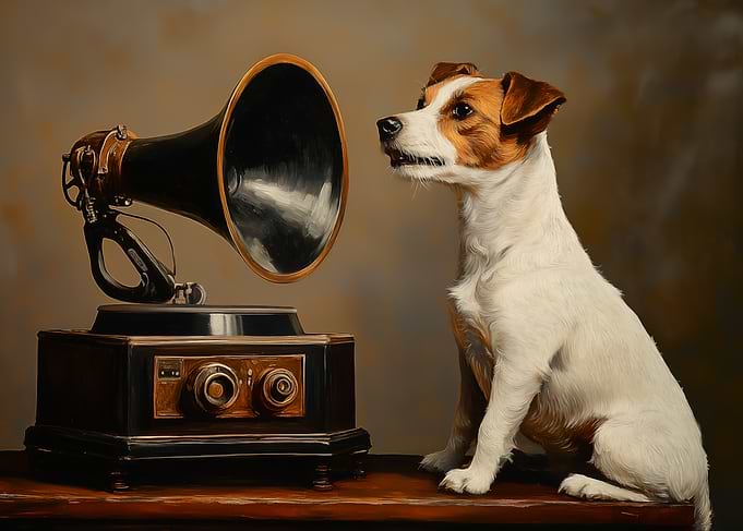 Dog listening to vintage gramophone