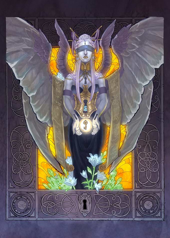 'Keeper of Secrets' A Blindfolded Angel Holding a Glowing Key