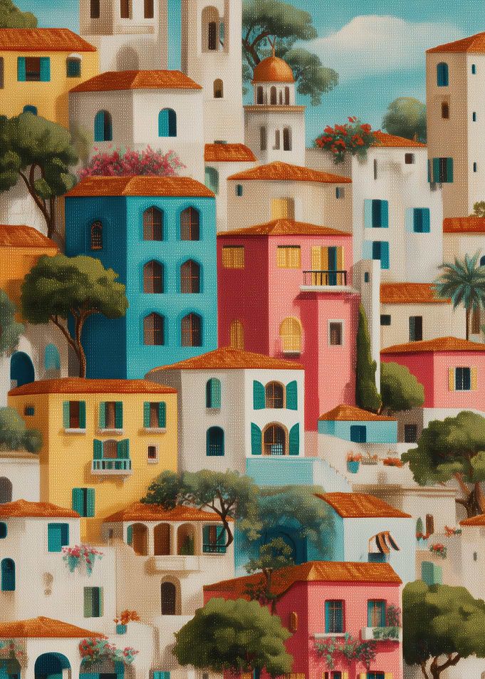 Colorful Mediterranean Village Scene