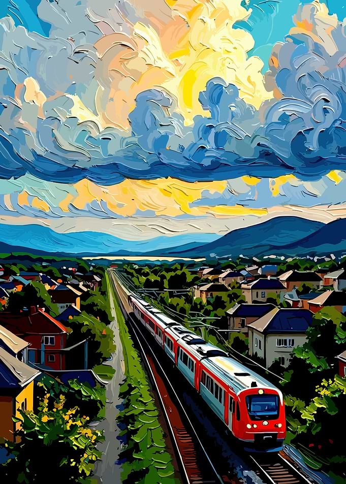 Train passing through a suburban landscape