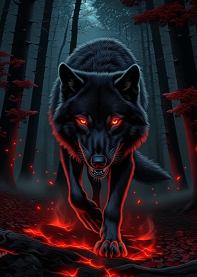 Black Wolf with Glowing Red Eyes