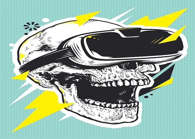 Skull with VR headset and lightning bolts