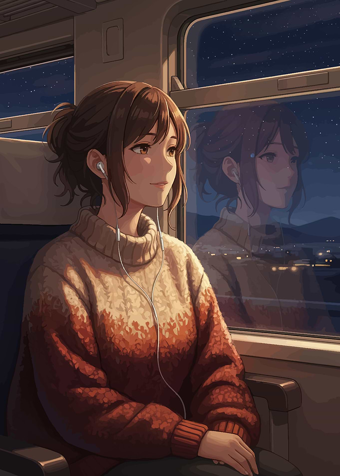 Girl on a train at night