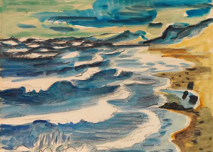 Watercolor Seascape with Waves and Shoreline