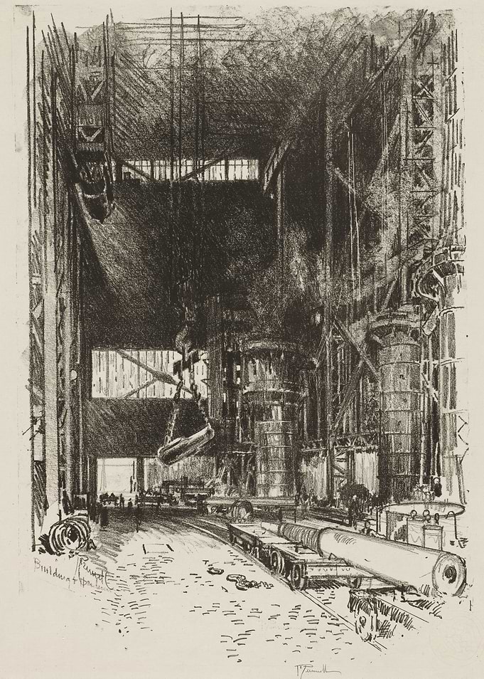 Industrial Factory Interior with Crane and Machinery