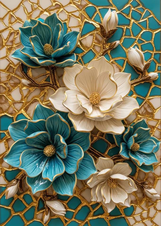 Turquoise and White Magnolia Mosaic