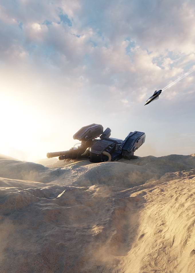 Sci-fi vehicle in desert landscape