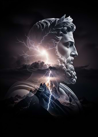 Zeus Statue with Lightning and Mountains