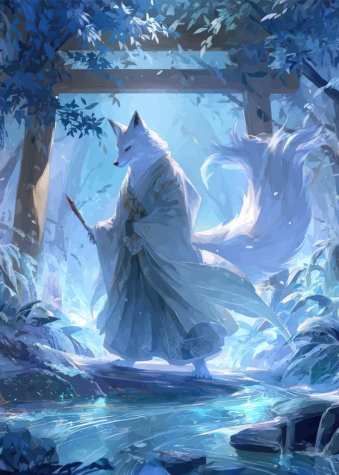 White Fox Spirit in Blue Forest