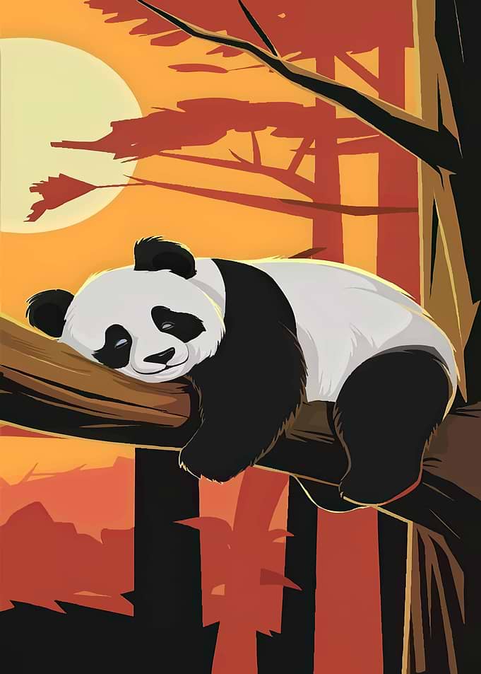 Panda sleeping on a tree branch