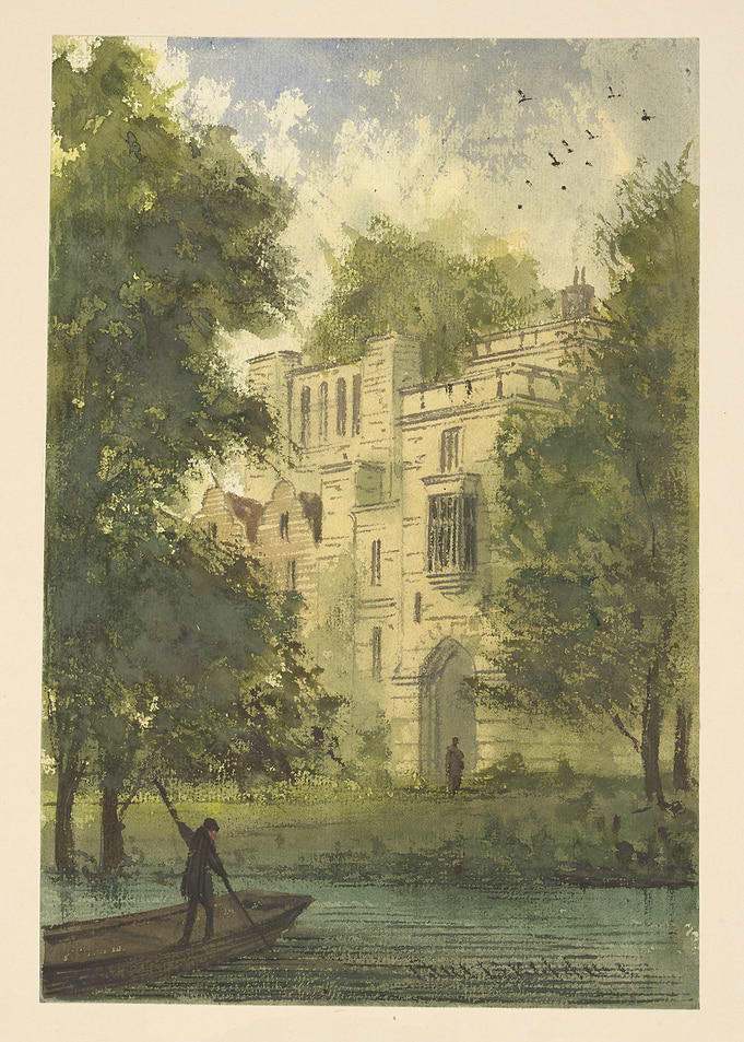 River scene with castle ruins and boat